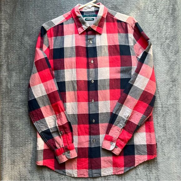 Perry Ellis Sz M Linen Cotton Blend Plaid Red Long Sleeve Shirt Button Down - Picture 1 of 14
